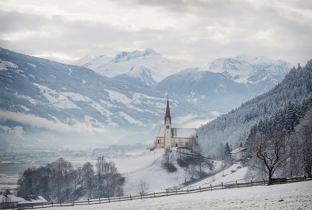 St. Pankraz church Austria Fuegen Alps.Wintercamping Österreich